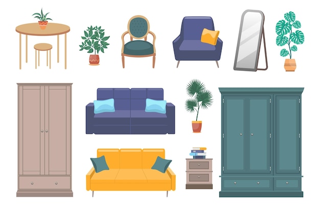 Free vector living room interior elements flat vector illustrations set. collection of cartoon doodles of modern table, chair, couch designs for bedroom isolated on white background. furniture, interior concept