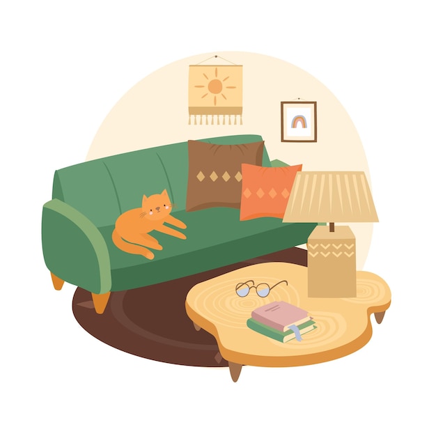 living room interior with cat