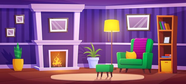 Free Vector living room with burning fireplace