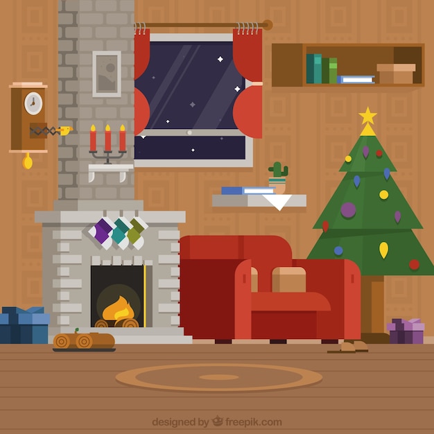 Free vector living room with christmas decoration and fireplace