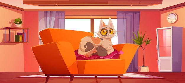 Free Vector living room with cute cat lying on pillow on sofa