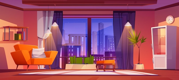 Living room with panoramic window with city view