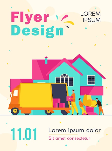 Loaders carrying armchair and boxes in new house flyer template