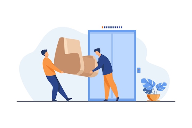 Free Vector loaders carrying furniture during moving. two men holding armchair at elevator flat illustration.