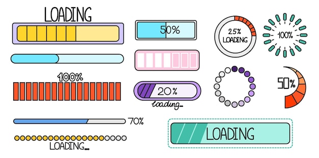 Free Vector loading progress bar icons in doodle style hand drawing loader button and updated progress circle up