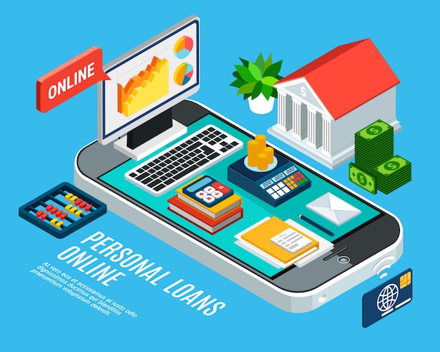 Free Vector loans isometric composition with mobile banking related and documents on smartphone screen