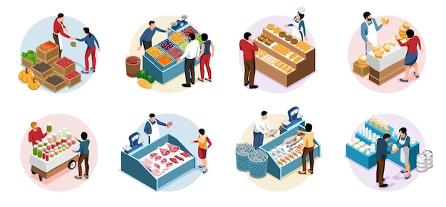 Free Vector local farm market isometric round compositions with buyers and sellers behind counters with fresh food vector illustration