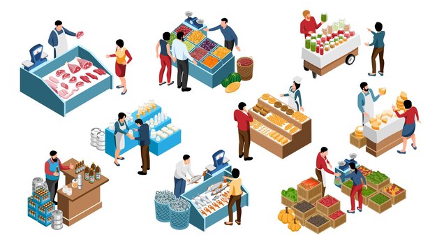 Local farm market isometric set of farmers selling fresh food of own production isolated vector illustration