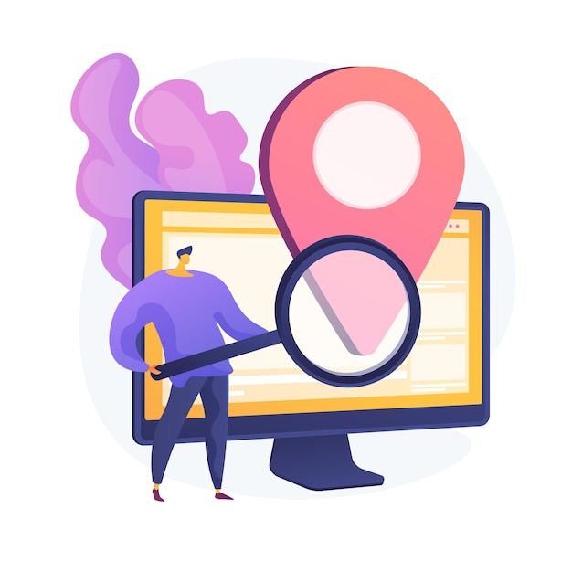 Free vector location based advertisement. geolocation software, online gps app, navigation system. geographic restriction. man searching address with magnifier. vector isolated concept metaphor illustration