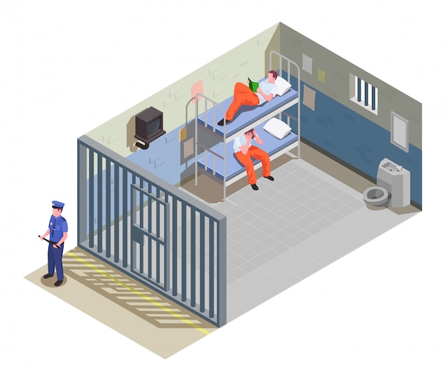 Free Vector locked jail cell for two inmates with prisoners in uniform and security guard isometric composition illustration