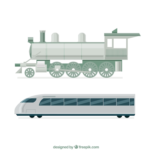 Locomotive and modern train in flat design