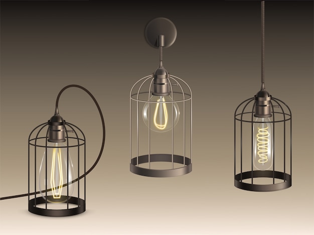 Free Vector loft style lamps with different shape incandescent bulbs heated filaments 