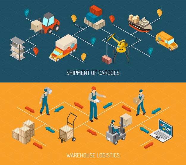 Free Vector logistic delivery and warehouse banners set 