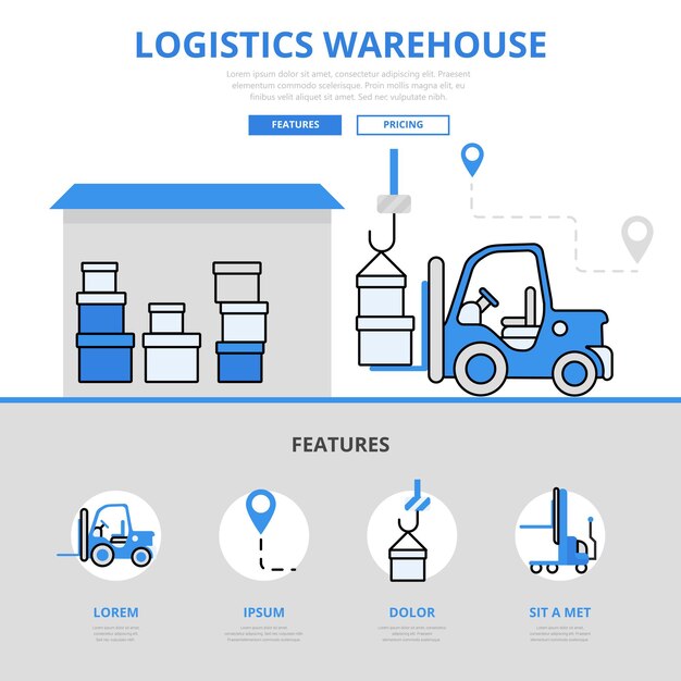 Logistic warehouse delivery storage loading service feature concept flat line style.