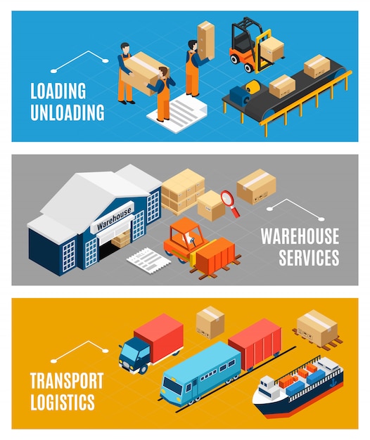 Logistics banners set with warehouse building and freight transport 3d