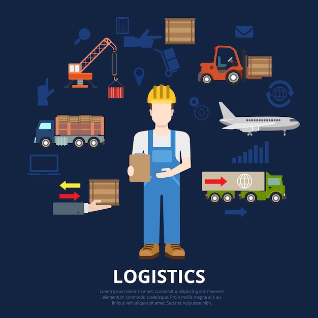 Logistics business flat concept. Warehouse worker delivery man and goods crate movement process.