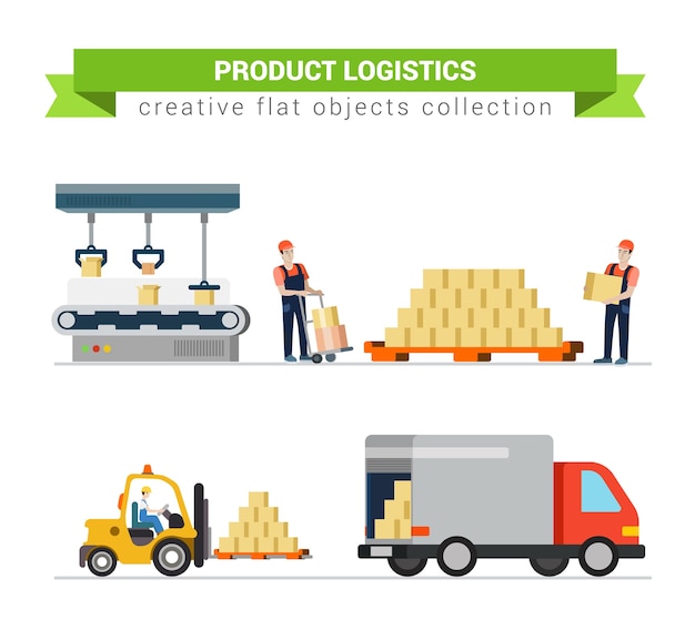 Logistics crate product package delivery service worker transport in process  set flat modern   concept . Pallet box loader truck loading process. Creative people collection.