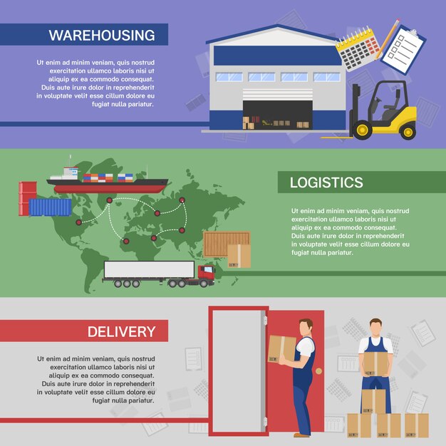 Logistics horizontal banners set with warehousing system of goods transportation delivery to consumer isolated