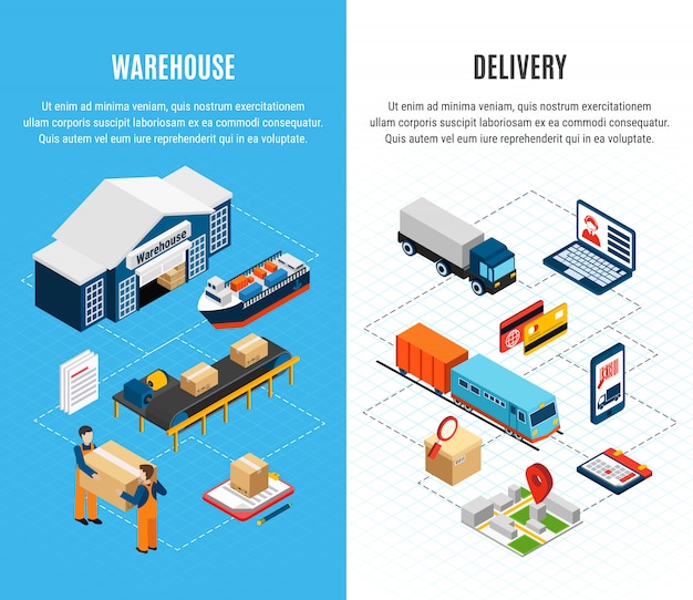 Free Vector logistics isometric horizontal banners with warehouse and delivery service on colorful 3d