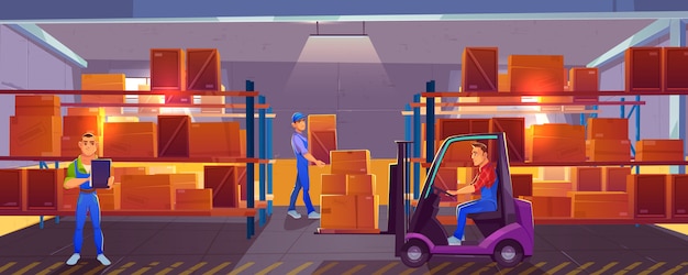 Free vector logistics, warehouse interior with worker driving forklift, loader and inspector checking list of delivered cargo