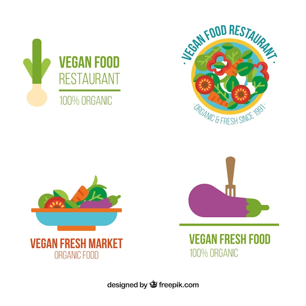 Free vector logotypes of vegan food in flat design