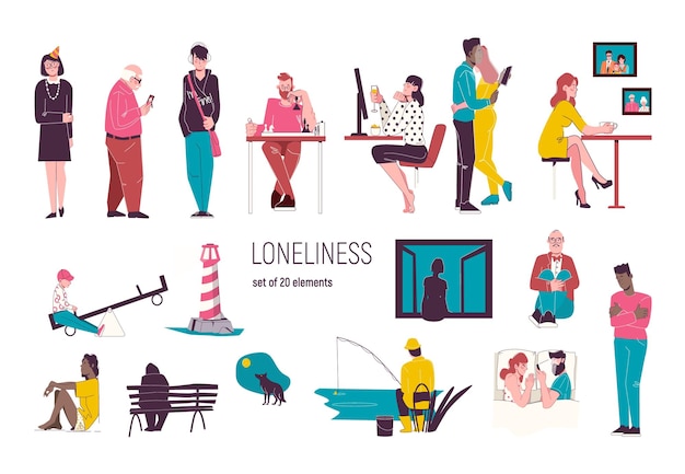 Free Vector loneliness flat set of men and women doing various activities alone isolated vector illustration