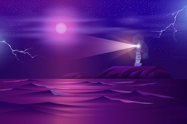 Free Vector lonely lighthouse on rocky cliff cartoon 