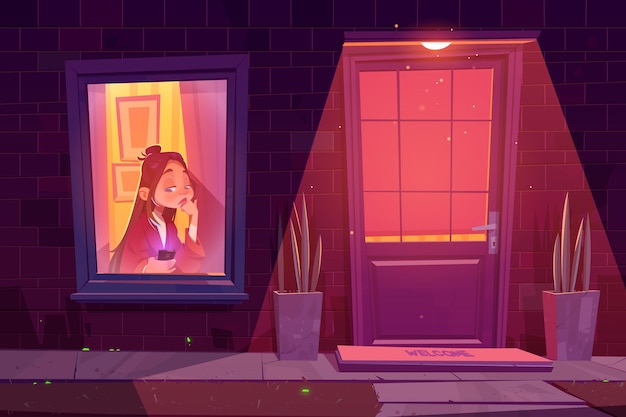 Free Vector lonely sad girl sitting alone at window with phone