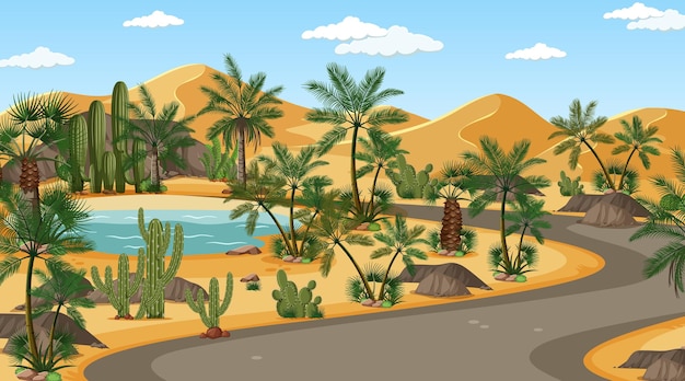 Free Vector long road through desert forest landscape at day time scene