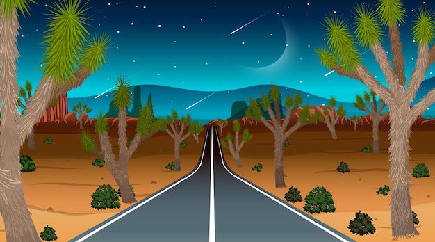 Free vector long road through the desert landscape scene at night