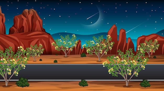 Free vector long road through the desert landscape scene at night