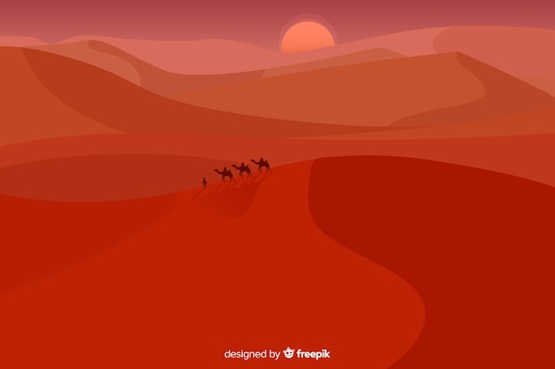 Free Vector long shot of camels in dunes