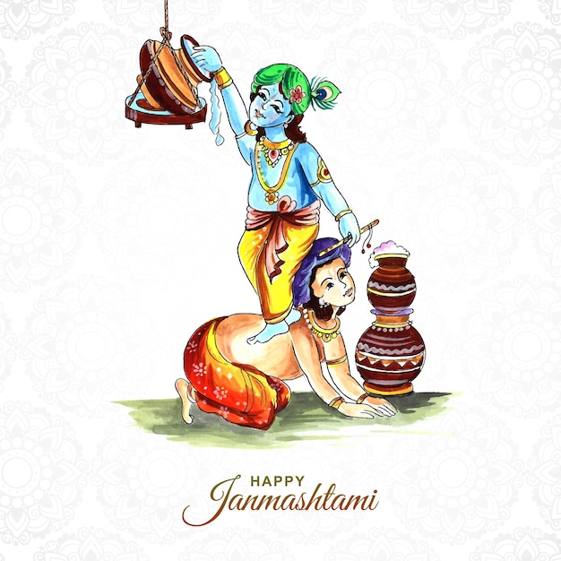 Lord Krishana in Happy JanmashtamiV festival card background