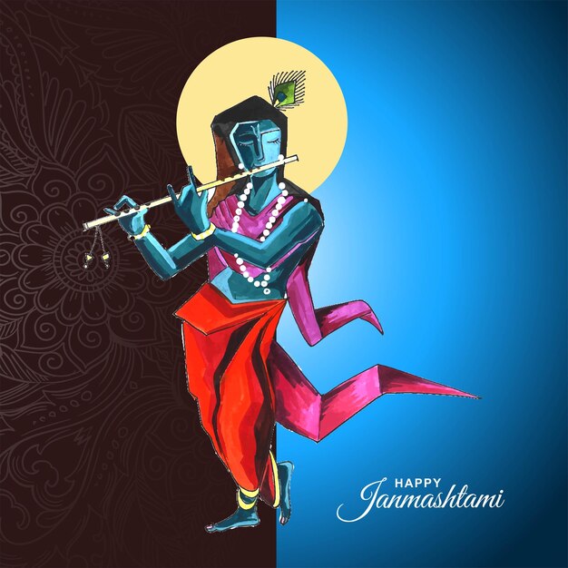 Lord krishna playing flute on happy janmashtami holiday festival card background