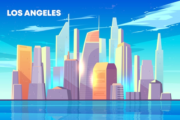 Los Angeles city skyline with illuminated by sun skyscrapers buildings on seashore