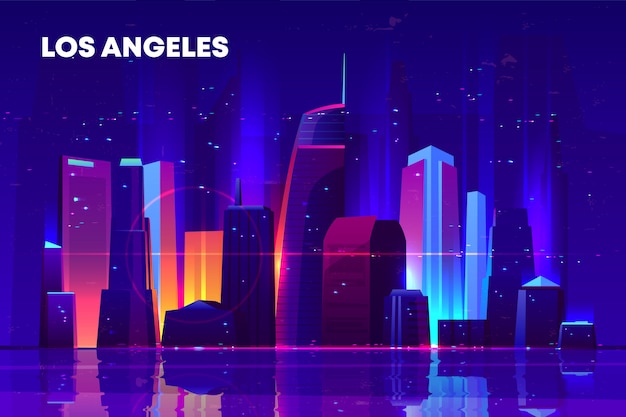 Free Vector los angeles skyline with neon illumination.