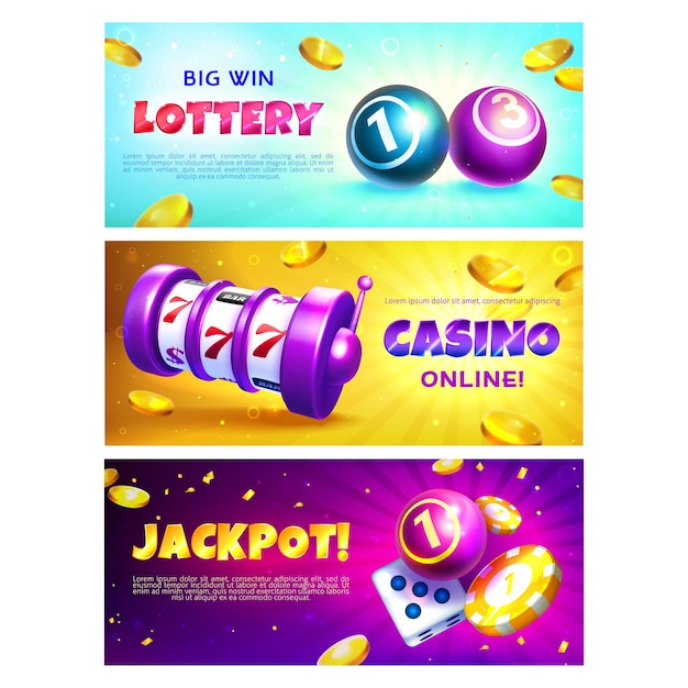 Lottery banners with realistic balls slot machine and casino chips