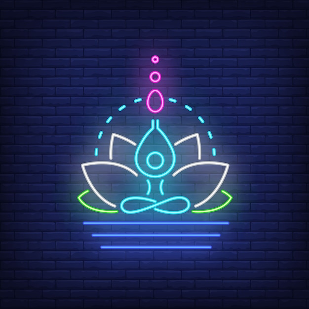 Free Vector lotus flower and figure meditating neon sign. meditation, spirituality, yoga.