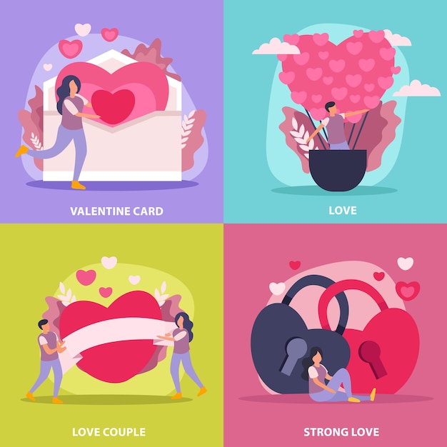 Love couple flat icon set with valentine card couple and strong love description illustration