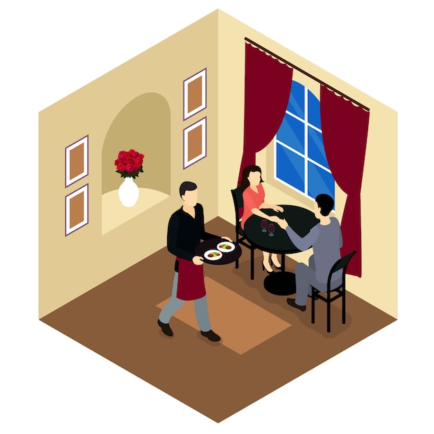 Free Vector love couple in restaurant isometric composition