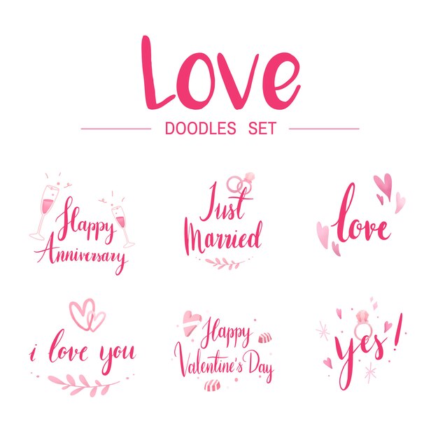 Love doodle set typography vectors