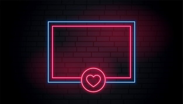 Love heart neon glowing frame with text space