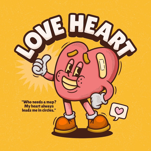 Free Vector love heart trendy retro cartoon vector hand drawn