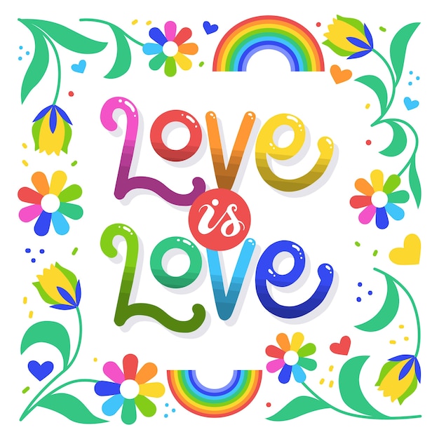 Free vector love is love pride day lettering and flowers