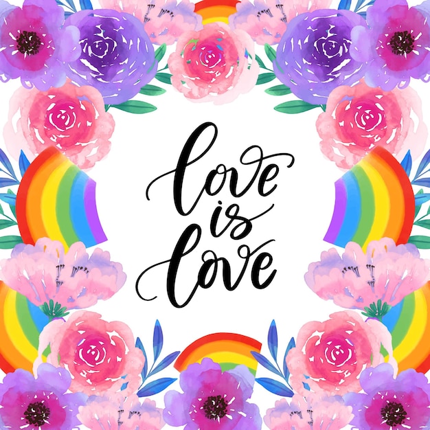 Free Vector love is love pride lettering watercolour flowers