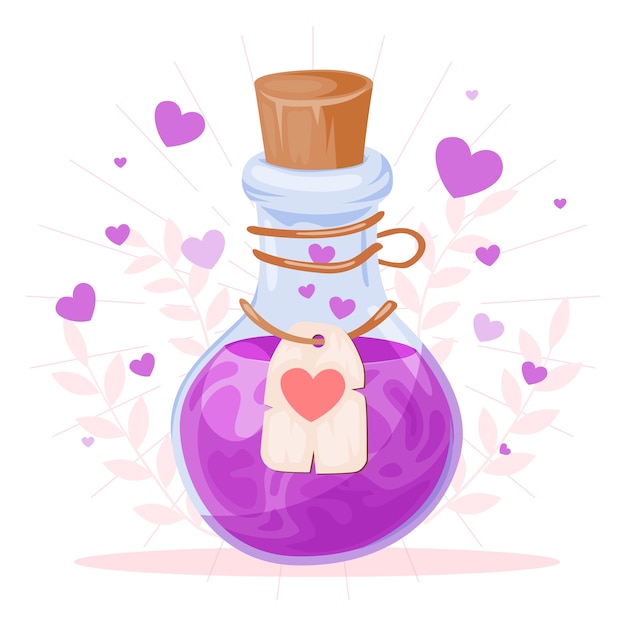 Love potion flat design illustration with label