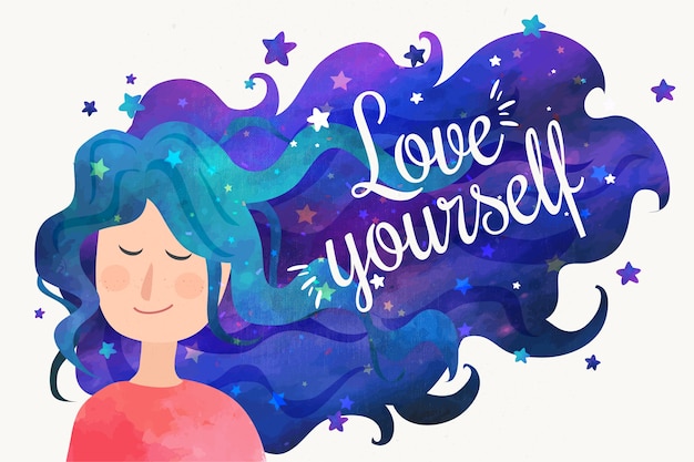 Love yourself quote and woman with night sky hair