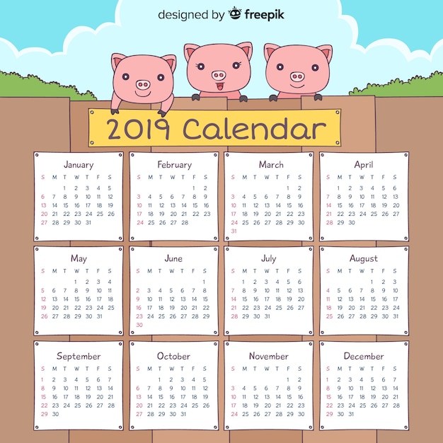 Lovely 2019 calendar template with hand drawn pigs