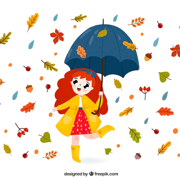 Free Vector lovely autumn background with girl with umbrella and leaves