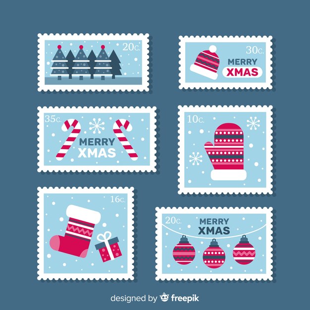 Lovely christmas stamp collection with flat design